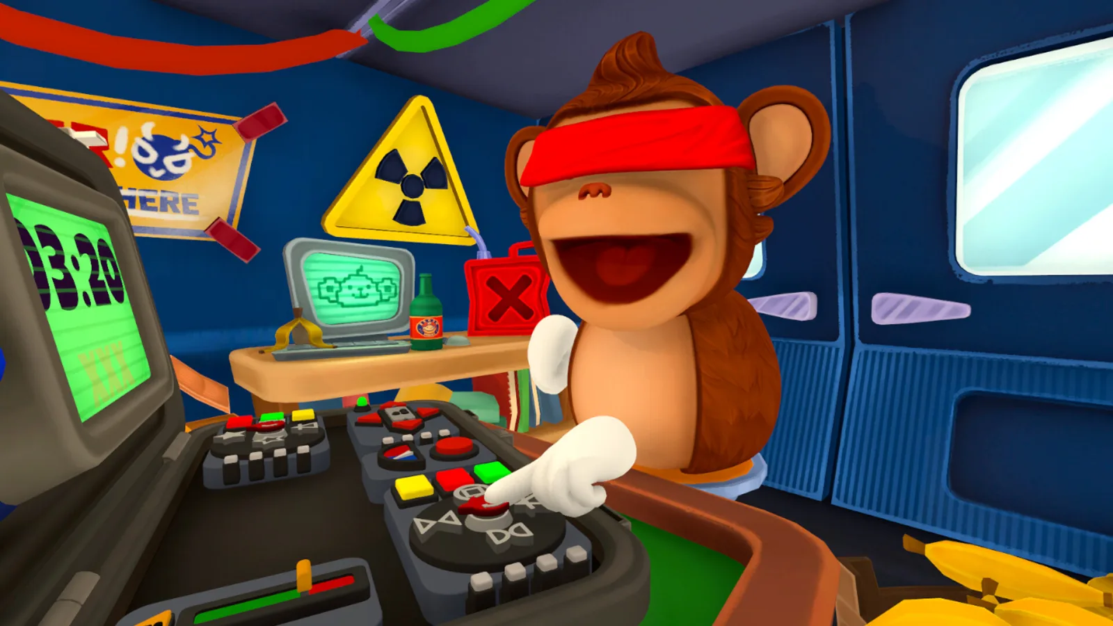 Blind BOMBANANA monkey pressing console buttons while teammates call out clues