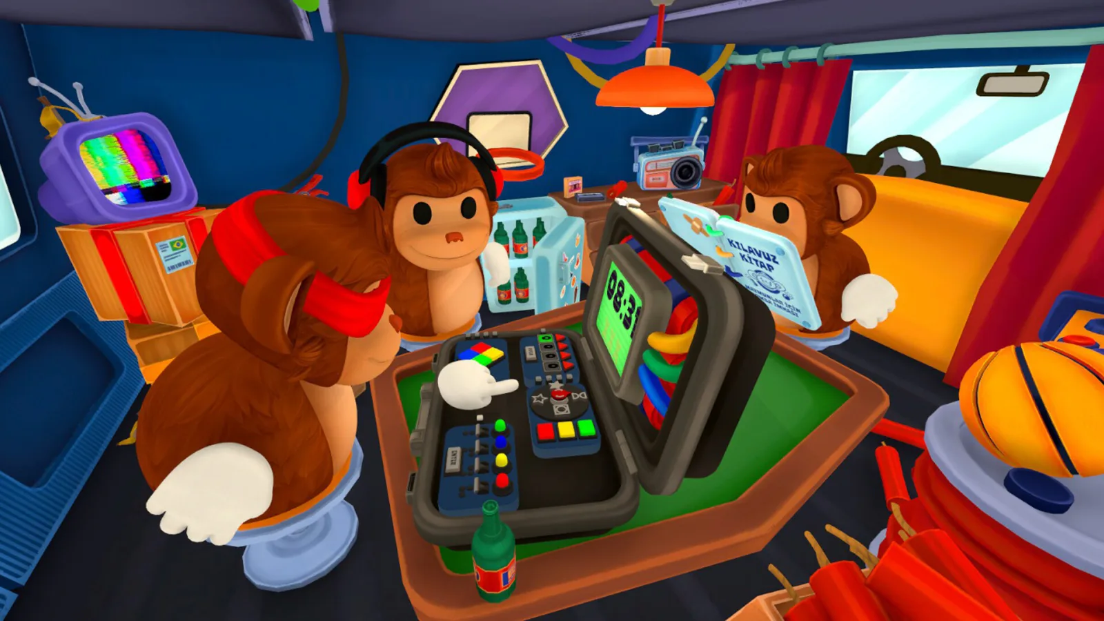 Three BOMBANANA monkeys collaborating around the bomb case during a match