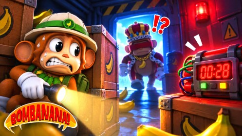 Official BOMBANANA! Roblox cover art with the crowned monkey and a bomb timer
